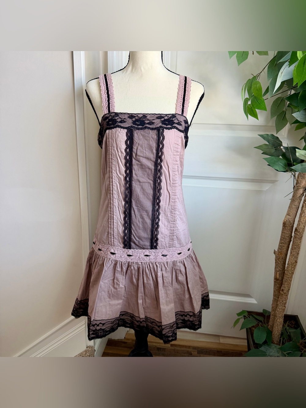 Lilly Lou Lace Panel Cotton Drop Waist Mini Sleeveless Dress Mauve Pink Sz M